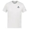 The Le Coq Sportif Pro Men's Tennis T-Shirt in Optical White, by K-Swiss, showcases a small "Le Coq Sportif" logo on the upper left chest and sleeve. Made from breathable polyester, this shirt offers a timeless design featuring short sleeves and a round neckline to ensure freedom of movement during play.