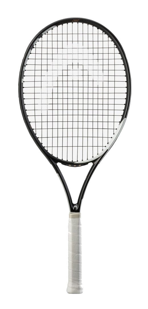 Introducing the HEAD IG Speed Junior 26 Tennis Racket in White and Black. Crafted with a graphite composite for enhanced performance, this junior racket features a white grip handle and tightly woven strings. Displayed vertically against a plain white background, it exemplifies the excellence of HEAD's design.