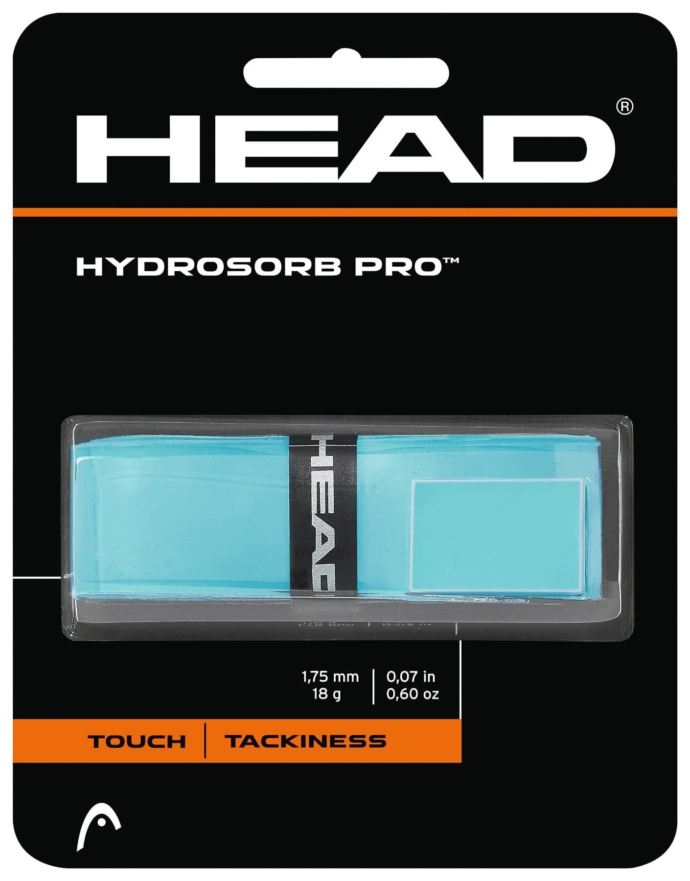 The HEAD HydroSorb Pro Replacement Tennis Grip in teal emphasizes its "Touch" and "Tackiness" features. Crafted for superior sweat absorption, it is packaged in clear plastic against a bold black, orange, and white background with the iconic HEAD logo.