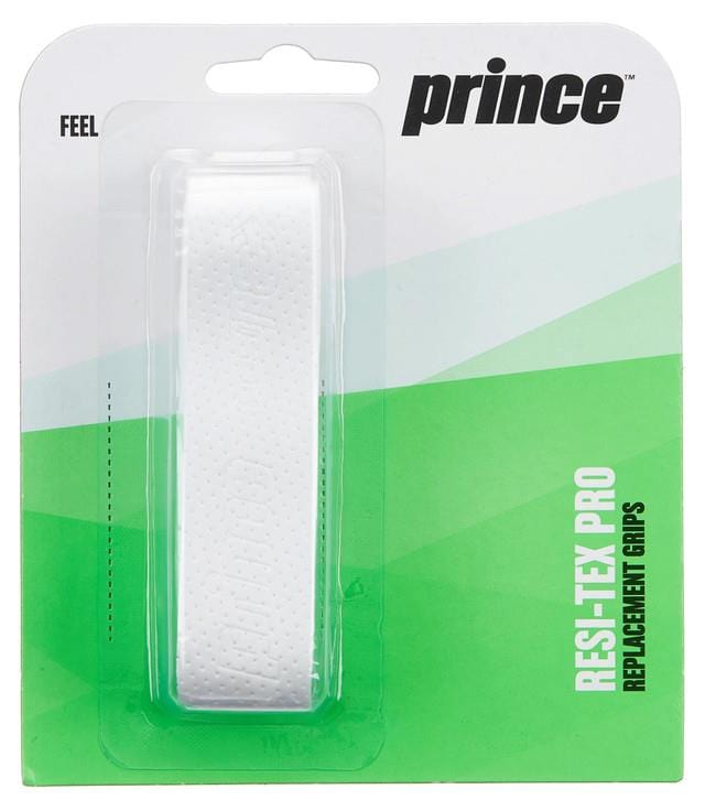 The Prince ResiTex Pro Replacement Tennis Grip in white offers exceptional comfort and moisture absorption, encased in a clear plastic cover. The packaging features a stylish green and white gradient, with the Prince logo and product details elegantly presented in black and white text.