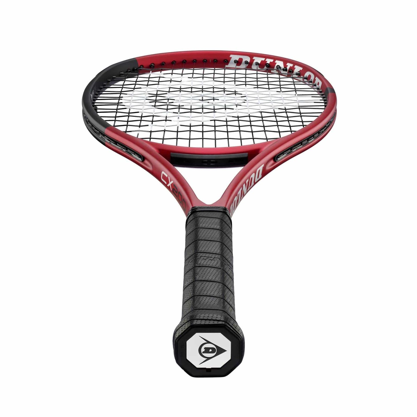 Introducing the Dunlop CX 200 Tennis Racket in red and black, designed for precision play. It features a comfortable black grip and showcases the Dunlop logo on the handle's butt cap. The criss-cross string pattern is engineered for optimal power and spin, while printed text and stylish designs embellish the frame for extra flair.