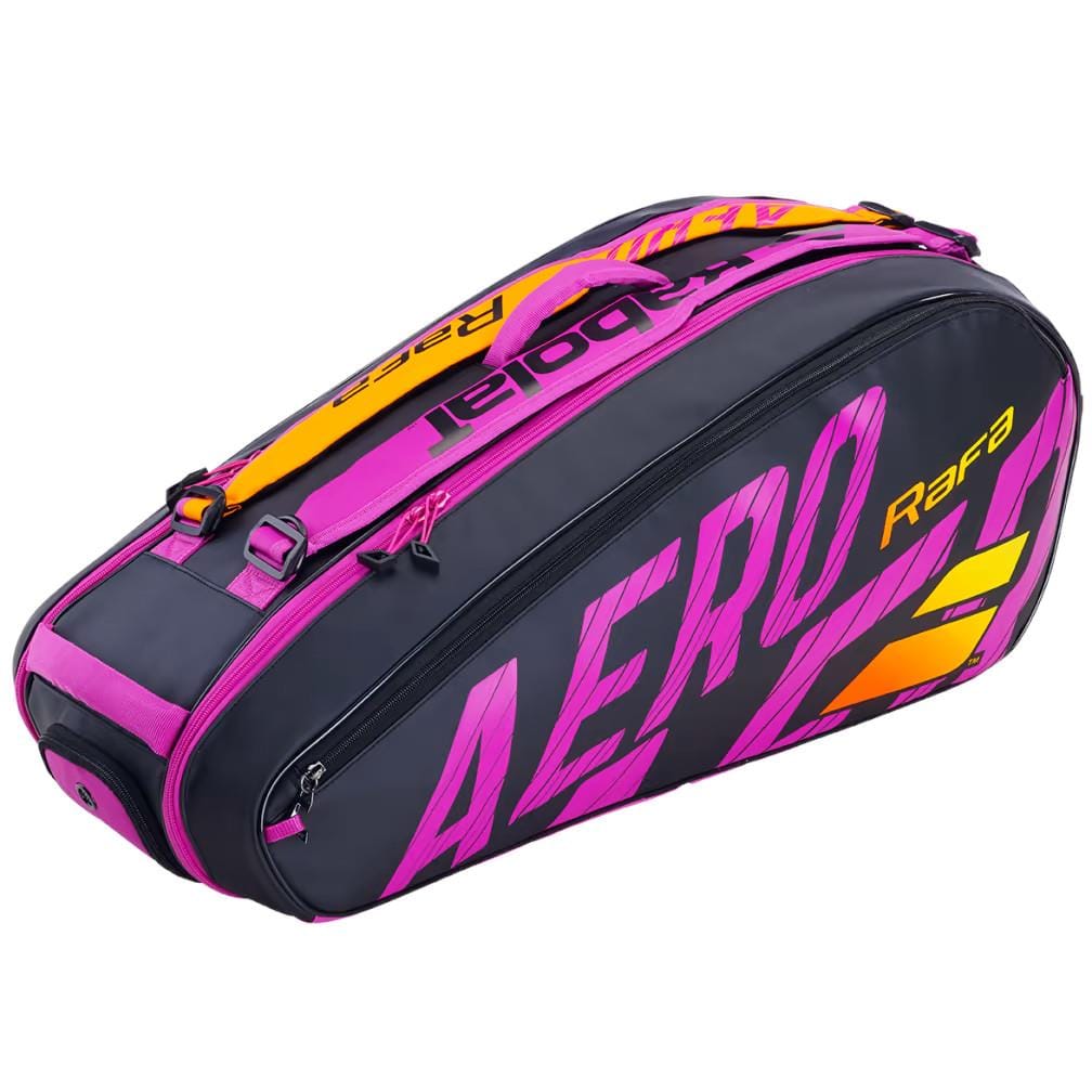 The Babolat RH6 Pure Aero RAFA 6 Racket Tennis Bag in black, orange, and purple features bold "AERO" and "Rafa" lettering on the side, highlighted by orange and pink accents. It includes an insulated compartment and zippered storage for your gear.