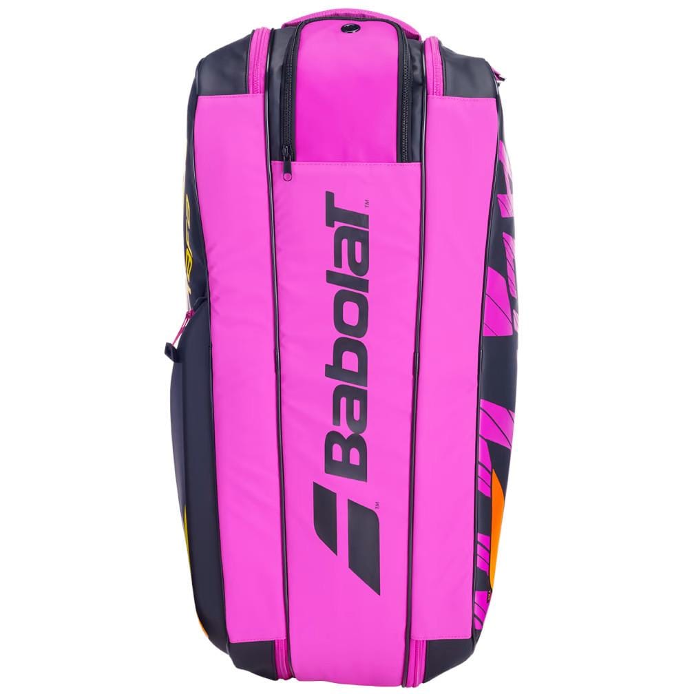 A bold black, orange, and purple Babolat RH6 Pure Aero RAFA 6 Racket tennis bag showcasing prominent logo lettering on the front. This sleek, sporty bag includes multiple zippers and an insulated compartment.