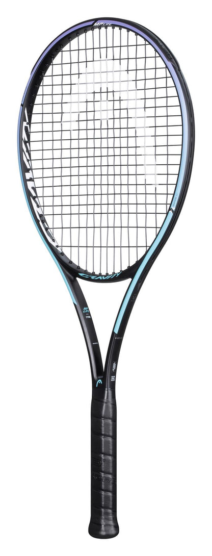 The HEAD Gravity MP L 2021 tennis racket, known for its Graphene 360+ technology, features a black and yellow design with a tightly strung head and a wrapped grip handle against a white background.