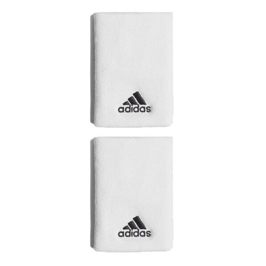 The adidas Tennis Wristband Sweatband Large in white, crafted from recycled materials, showcases the iconic black Adidas logo. Positioned vertically against a plain white background, these wristbands are designed to effectively absorb moisture for optimal comfort.