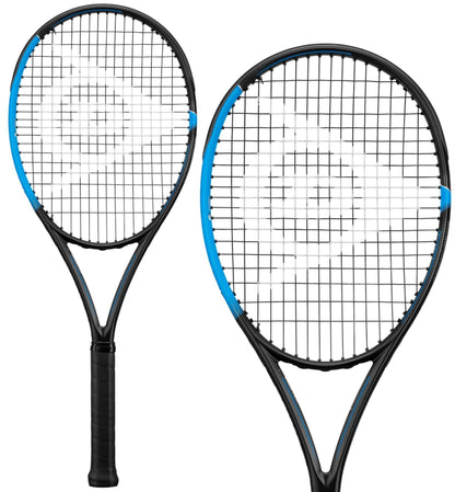 Displayed are two Dunlop FX 500 Tour Tennis Rackets in black and blue, incorporating Sonic Core technology. The rackets feature frames with black grips and strings that display a logo pattern. One racket is angled to showcase its Power Boost design, while the other is positioned vertically.