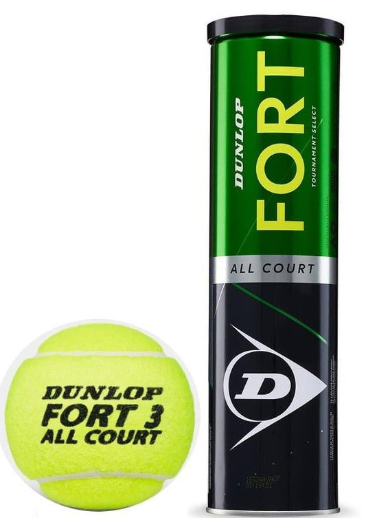 A green and black cylindrical tin labeled "Dunlop Fort All Court Tennis Balls - 4 Ball Tube" stands upright, highlighting its ITF-approved quality. Nearby, a close-up of a yellow tennis ball features Dunlop HD Core technology with "Dunlop Fort All Court 3" boldly printed in black.