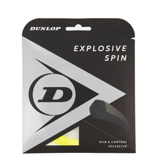 The Dunlop Explosive Spin Tennis String 12m Set boasts packaging that prominently displays the bold "D" logo and highlights its "Spin & Control" features, emphasizing its high spin potential. The box, adorned in a sleek black and silver design, provides a preview of the yellow strings made from polyester inside.