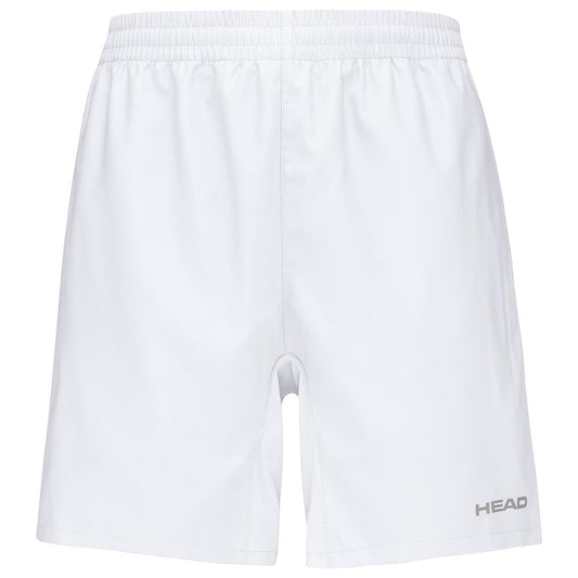 Introducing the HEAD Club Mens Tennis Shorts in white, featuring an elastic waistband and adorned with the "HEAD" brand name near the bottom hem. Engineered with MXM Technology, these shorts provide a simple, clean look and a slightly loose fit, ensuring unmatched comfort on the court.