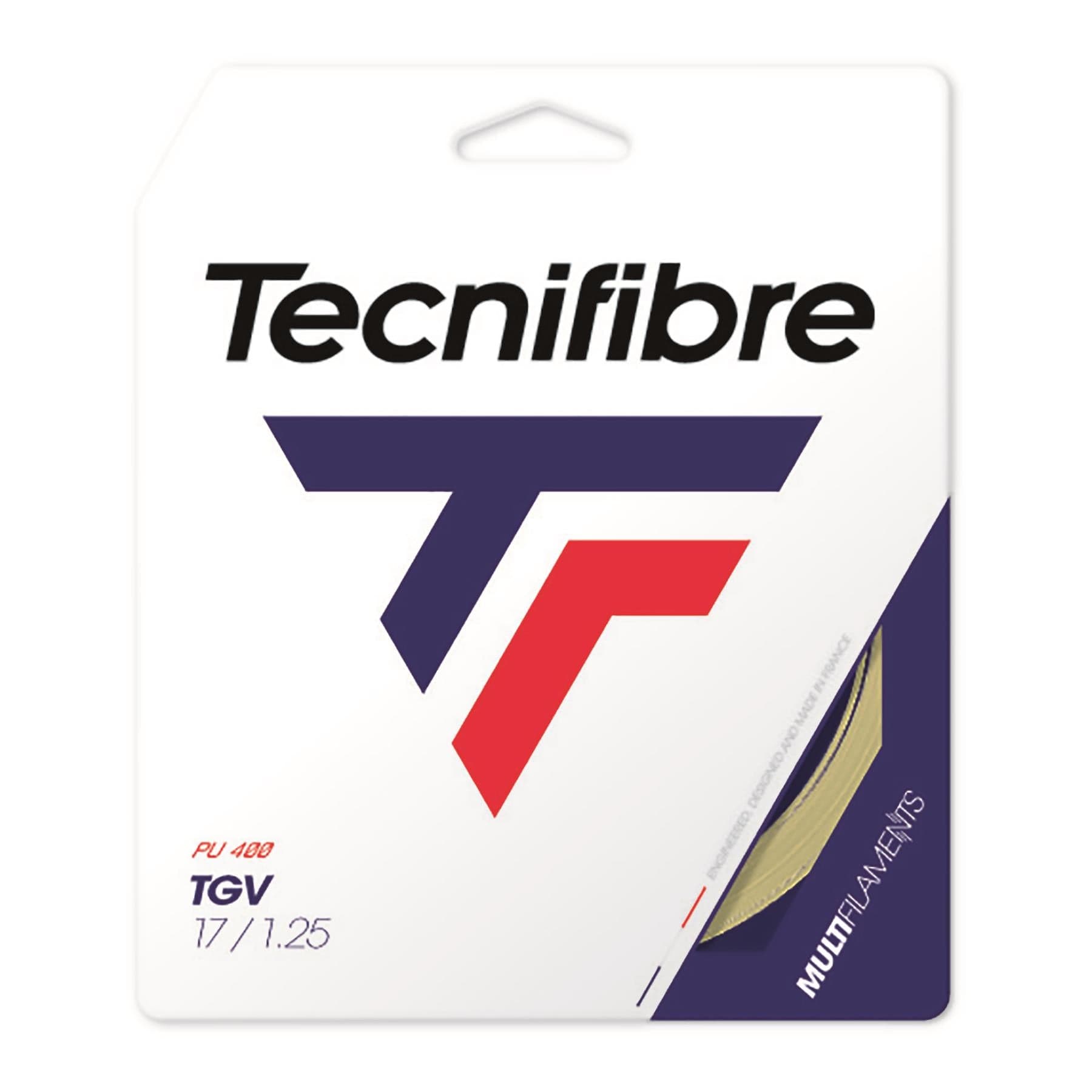 The packaging of the Tecnifibre TGV 12m Tennis String Set - Natural prominently features a bold "T" logo in blue and red, emphasizing its durable 17-gauge (1.25 mm) multifilament design with excellent shock absorption. The white background includes a cut-out that reveals the string inside, which is enhanced with anti-abrasion treatment for long-lasting performance.