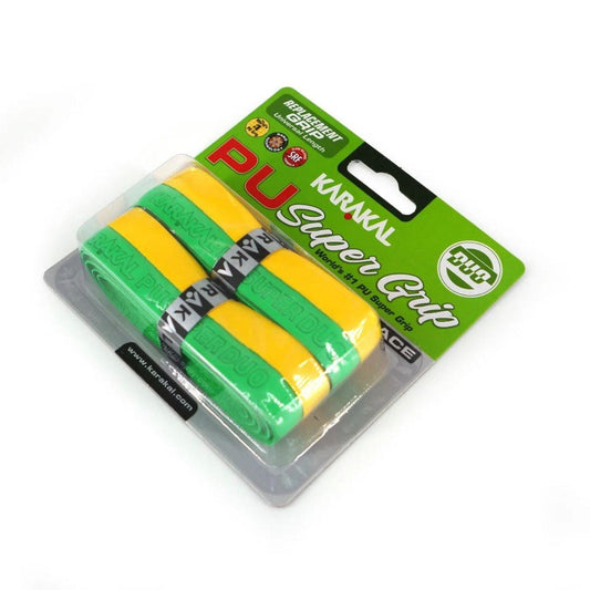 The Karakal PU Duo Super Grip Tennis Grip (2 Pack) in Yellow Green is perfect for racket sports. Its packaging emphasizes a non-slip surface and exceptional durability, making it an excellent choice for both tennis and badminton racquets.