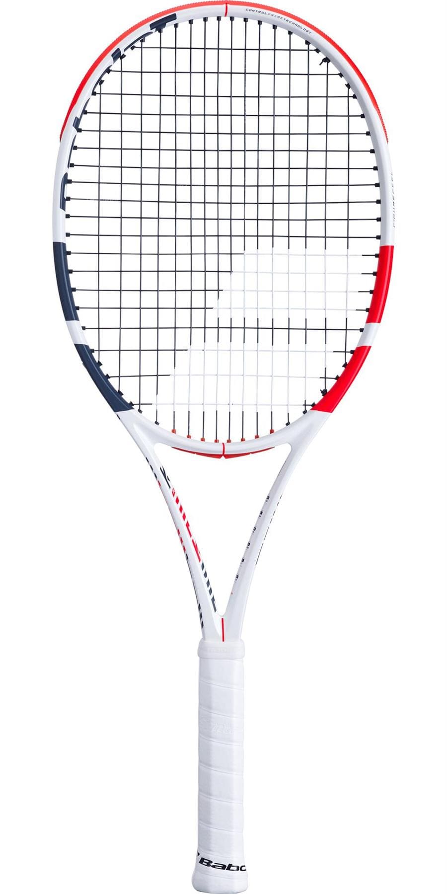 The Babolat Pure Strike 103 Tennis Racket showcases red and black accents on its white frame, featuring Control Frame Technology to improve precision. Its strings are arranged in a detailed grid pattern, and the handle is wrapped with sleek white grip tape to ensure optimal control.