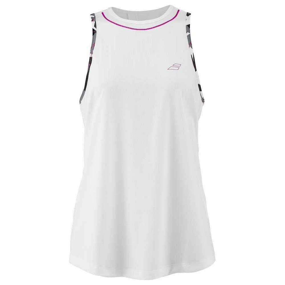 The Babolat Aero Women's Tennis Tank Top is made from breathable synthetic materials. This white athletic sleeveless top includes black and patterned accents along the armholes, showcases a small logo on the left chest, and features a pink line detail around the neckline for an extra touch of style.