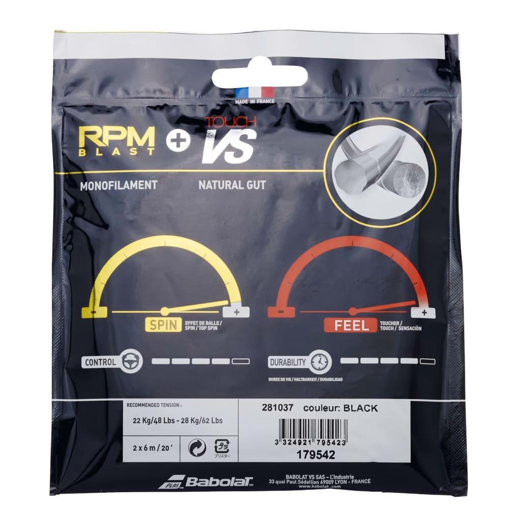 A set of Babolat Hybrid RPM Blast 125 + Touch VS 130 Tennis Strings, highlighting attributes such as control, spin, feel, and durability, with recommended tension details. The package is black with red and yellow graphics.