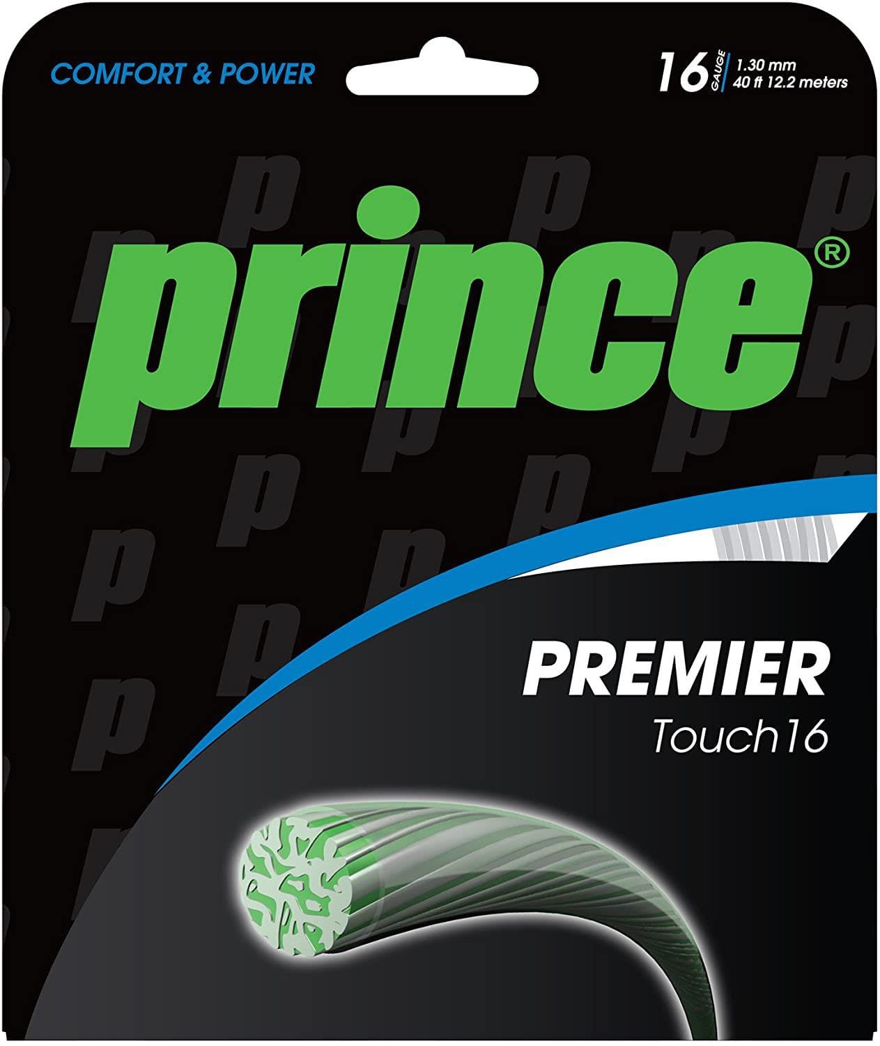 The image showcases a package of Prince Premier Touch Clear String Set, crafted to provide superior shock absorption. The packaging is black with green and white text, emphasizing "Comfort & Power" and adorned with graphics of the string. It is ideal for players looking for a hybrid setup.