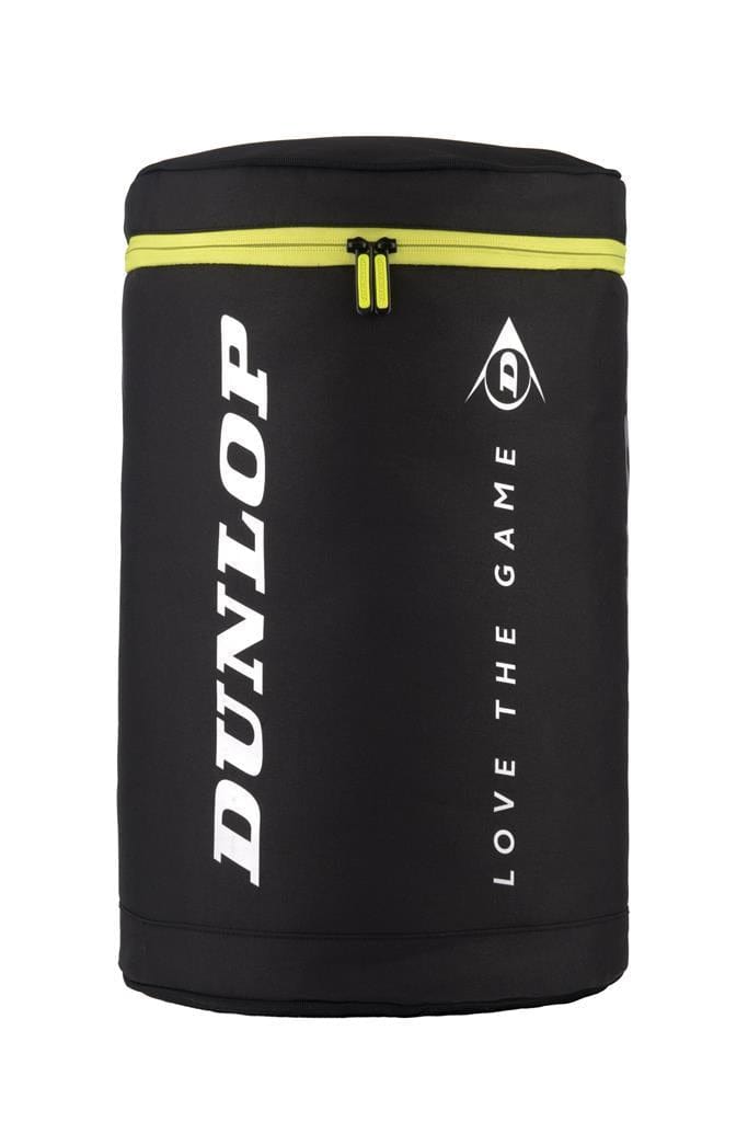 The Dunlop Tennis Ball Basket Bag 2020 - Black is a stylish cylindrical sports bag featuring a yellow zipper and the "DUNLOP" logo, complete with the "LOVE THE GAME" tagline in white text. It's ideal for coaches to carry their equipment or transport a basket full of tennis balls.