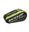 A black and yellow Dunlop SX-Performance 8 Racket Thermo Tennis Bag, designed with multiple compartments including spaces specifically for rackets, prominently displays the Dunlop logo in bold white letters. The bag is angled to highlight its zippers and handles from both the side and top views.