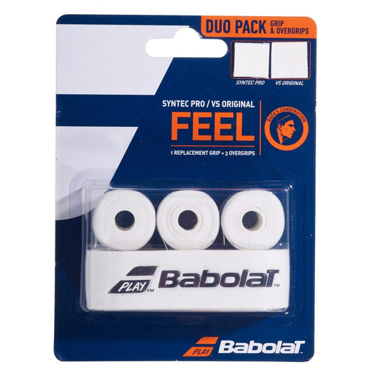 The Babolat Syntec Pro X1 + VS Original X3 Tennis Grips Combo Pack - White is ideal for enthusiasts. This duo pack features three white grips, labeled as "Syntec Pro / VS Original Feel," with blue and orange accents alongside the iconic Babolat logo. These are the grips trusted by Rafa Nadal on the court.