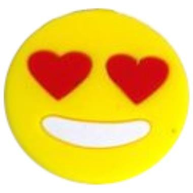 A Karakal Fun Dampener - Heart Eyes, featuring a yellow emoji with red heart-shaped eyes and a wide, white smile, radiates joy akin to the playful vibrations of a cheerful tune.