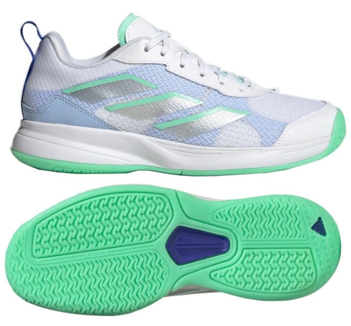 A pair of Cloud White and Pulse Mint adidas AvaFlash Low women's tennis shoes. The top shoe showcases a side profile with iconic stripes, while the bottom reveals an Adiwear outsole textured with a green tread featuring a blue insert.