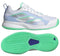 A pair of Cloud White and Pulse Mint adidas AvaFlash Low women's tennis shoes. The top shoe showcases a side profile with iconic stripes, while the bottom reveals an Adiwear outsole textured with a green tread featuring a blue insert.