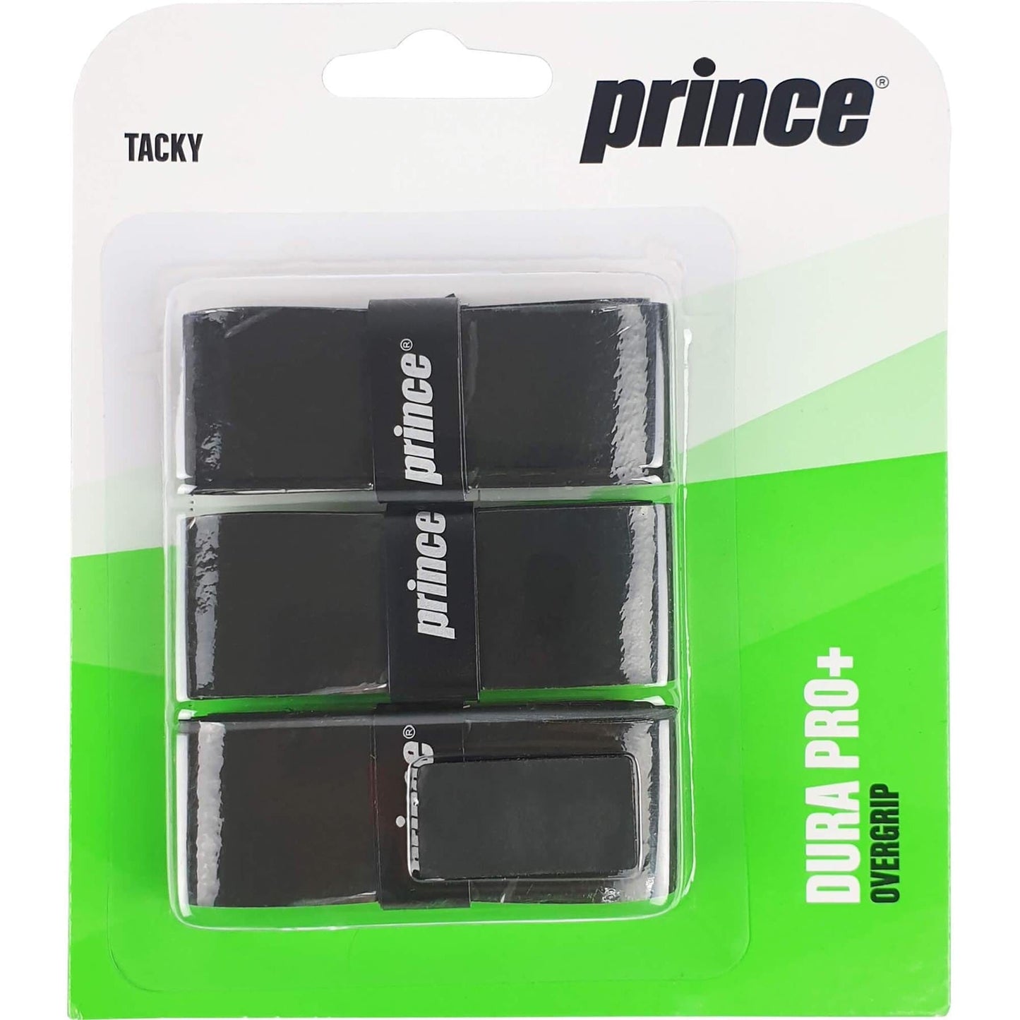 The Prince Dura Pro+ Tennis Overgrip - Black - 3 Pack contains three premium quality overgrips in a sleek black color, offering a super tacky texture for optimal racket control. The packaging showcases the "Tacky" and "Prince" branding with a mostly green and white design.