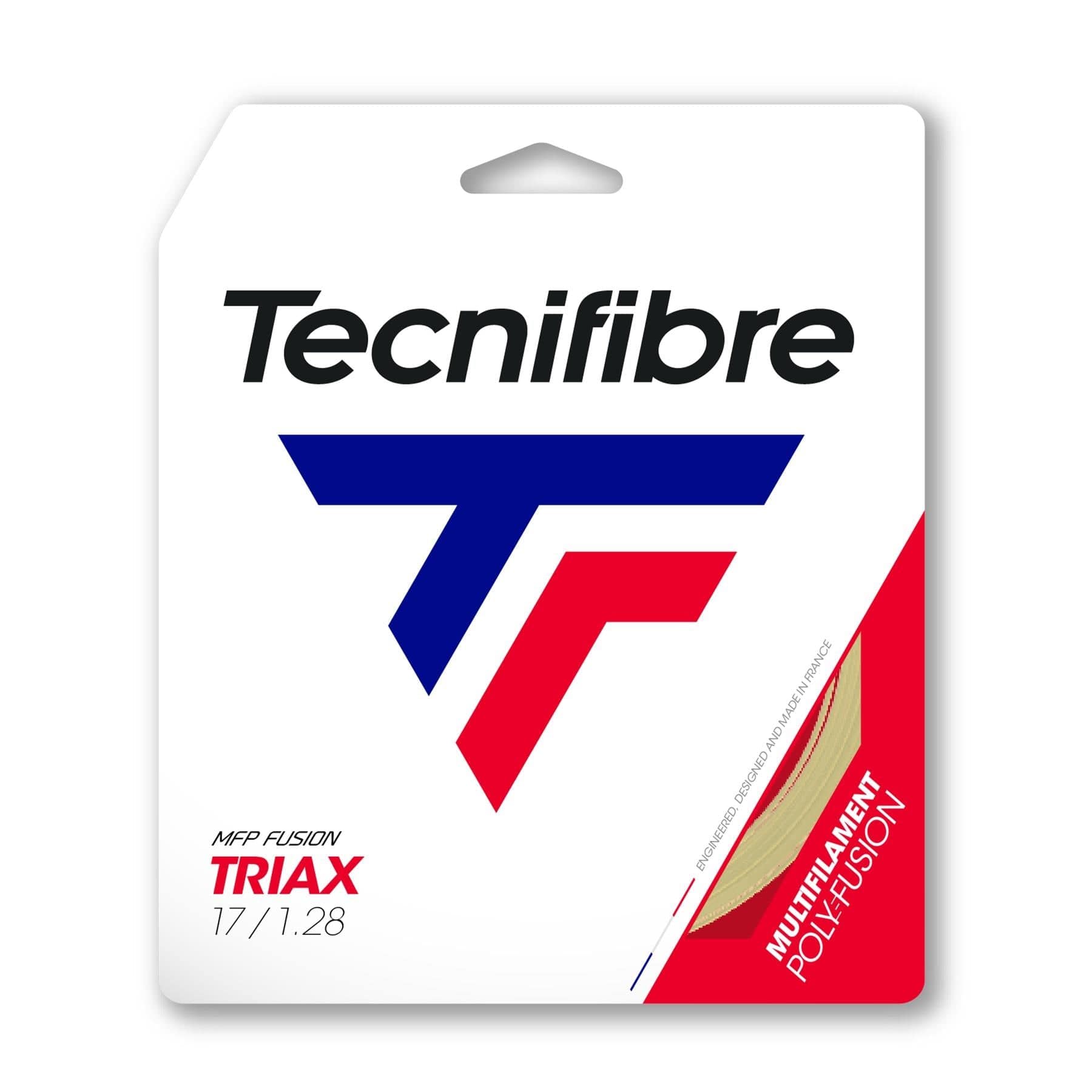 The Tecnifibre Triax tennis strings package prominently features a striking "TF" logo in blue and red, with details such as "MFP Fusion" and "17 / 1.28" against a white and red background. These multifilament polyfusion strings serve as an excellent alternative to the Tecnifibre X-One Biphase 12m Tennis String Set in Natural.