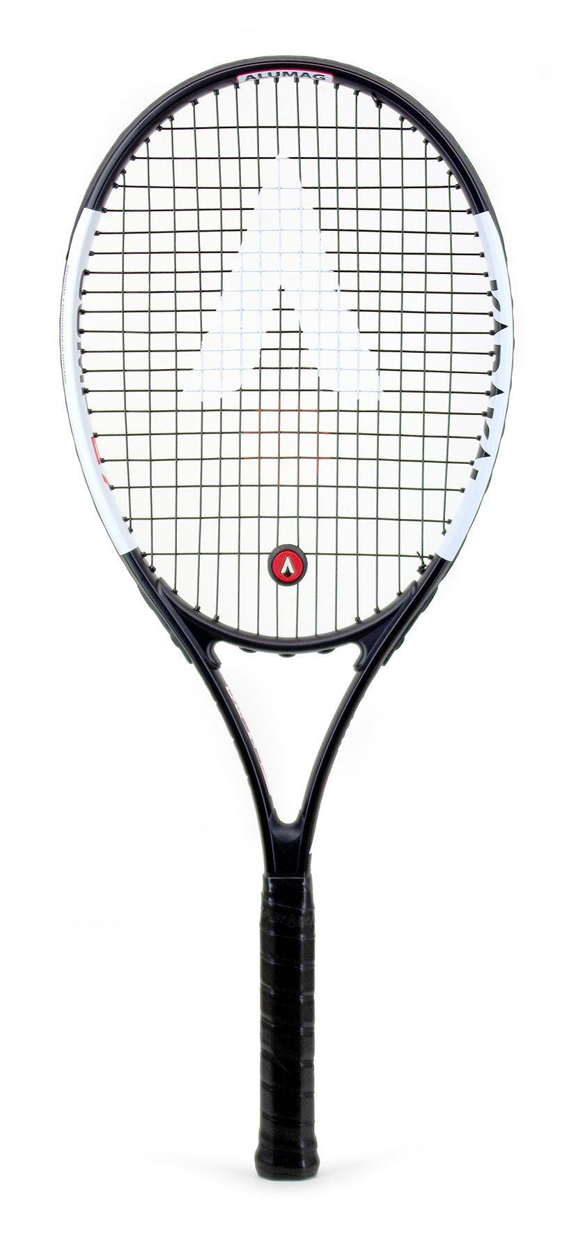 The Karakal Comp 27 Tennis Racket by Karakal, designed for beginner players, showcases a black and white aesthetic with a prominent white logo on the strings. This racket is made from robust 7050 Alumag Alloy and features a comfortable black grip handle, all set against an isolated white background.