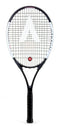 The Karakal Comp 27 Tennis Racket by Karakal, designed for beginner players, showcases a black and white aesthetic with a prominent white logo on the strings. This racket is made from robust 7050 Alumag Alloy and features a comfortable black grip handle, all set against an isolated white background.