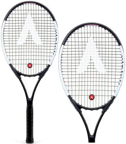 The Karakal Comp 27 Tennis Rackets from Karakal, featuring black frames made from 7050 Alumag Alloy and white strings, are displayed side by side. Designed for beginners, these rackets highlight a large "A" logo at the center of the string bed and a smaller red logo near the handle.