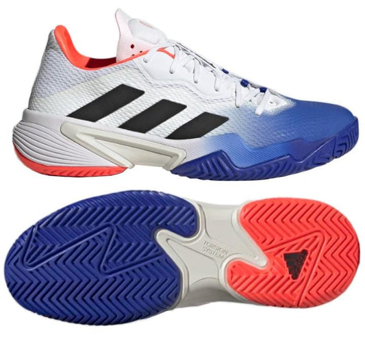 Introducing the adidas Barricade Men's Tennis Shoes, featuring a striking white and blue gradient design with three signature black stripes reminiscent of the iconic adidas style. The shoes boast a vibrant blue and orange sole with a textured grip pattern for excellent traction and are equipped with Bounce Cushioning for superior comfort. They showcase a low-cut ankle silhouette and a bold red interior lining, all in the Lucid Blue, Core Black, and Solar Red color scheme.