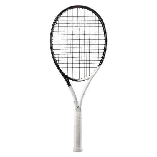 The HEAD Speed Team 2022 Tennis Racket in white and black showcases a black head with white strings. The handle features a white grip tape, and the racket is equipped with Graphene Inside technology to enhance performance. It is displayed against a simple white background.