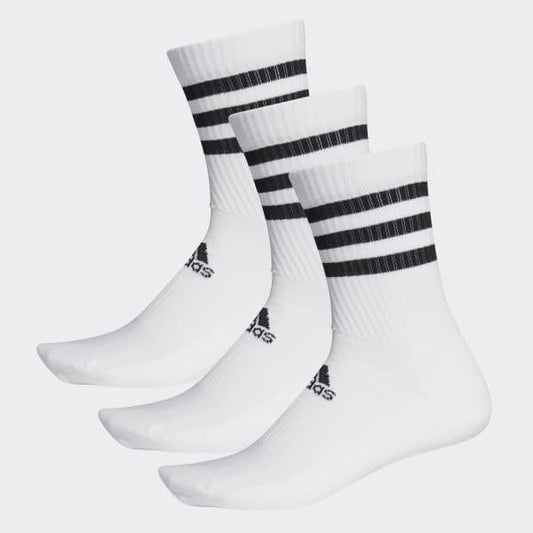 Introducing the adidas 3S Cushion Crew 3PP Socks: a set of three white crew socks with cushioning, featuring black horizontal stripes near the top and an iconic adidas logo on the sole. The socks are showcased against a light gray background.