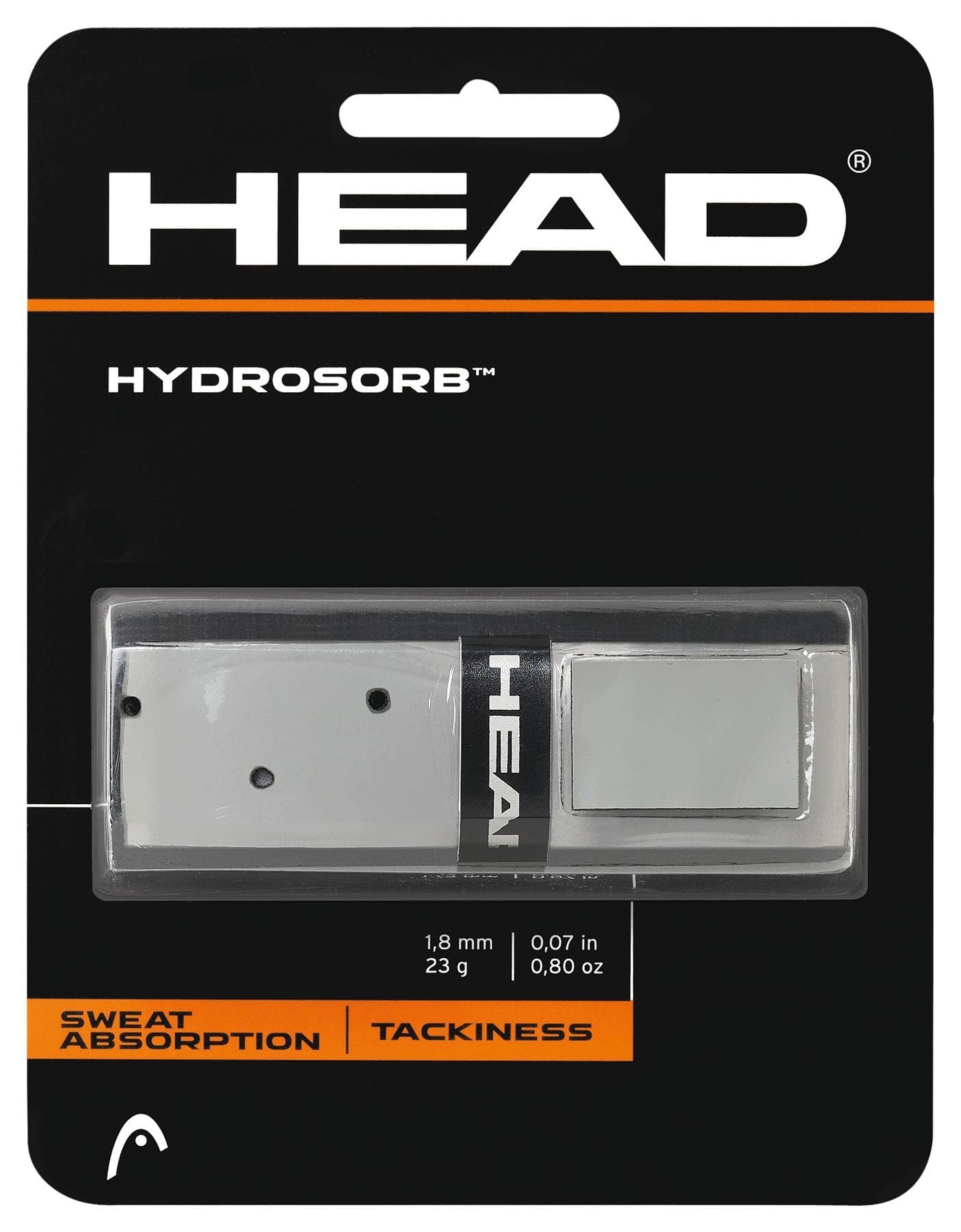 The packaging for the HEAD HydroSorb Replacement Tennis Grip in Grey and Black by HEAD emphasizes its superior sweat absorption and excellent tackiness. It details the grip material with dimensions of 1.8 mm thickness, 23g weight, and 0.80 oz, ensuring a secure hold for top performance during play.