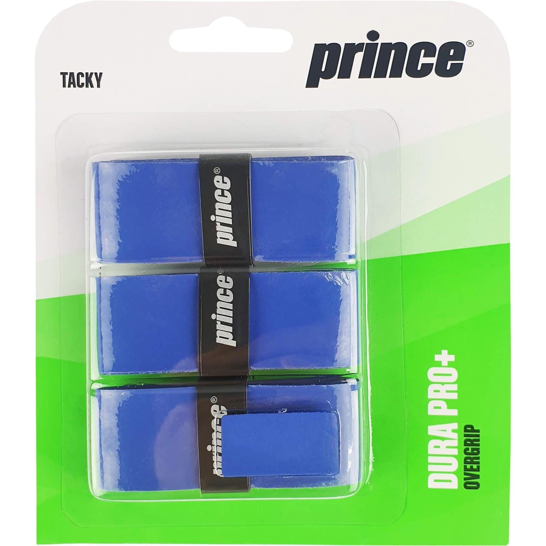 The Prince Dura Pro+ Tennis Overgrip - Blue - 3 Pack features a stylish green and white design. Each grip from the renowned brand Prince is labeled as "Super Tacky," ensuring it delivers optimal performance for tennis enthusiasts.