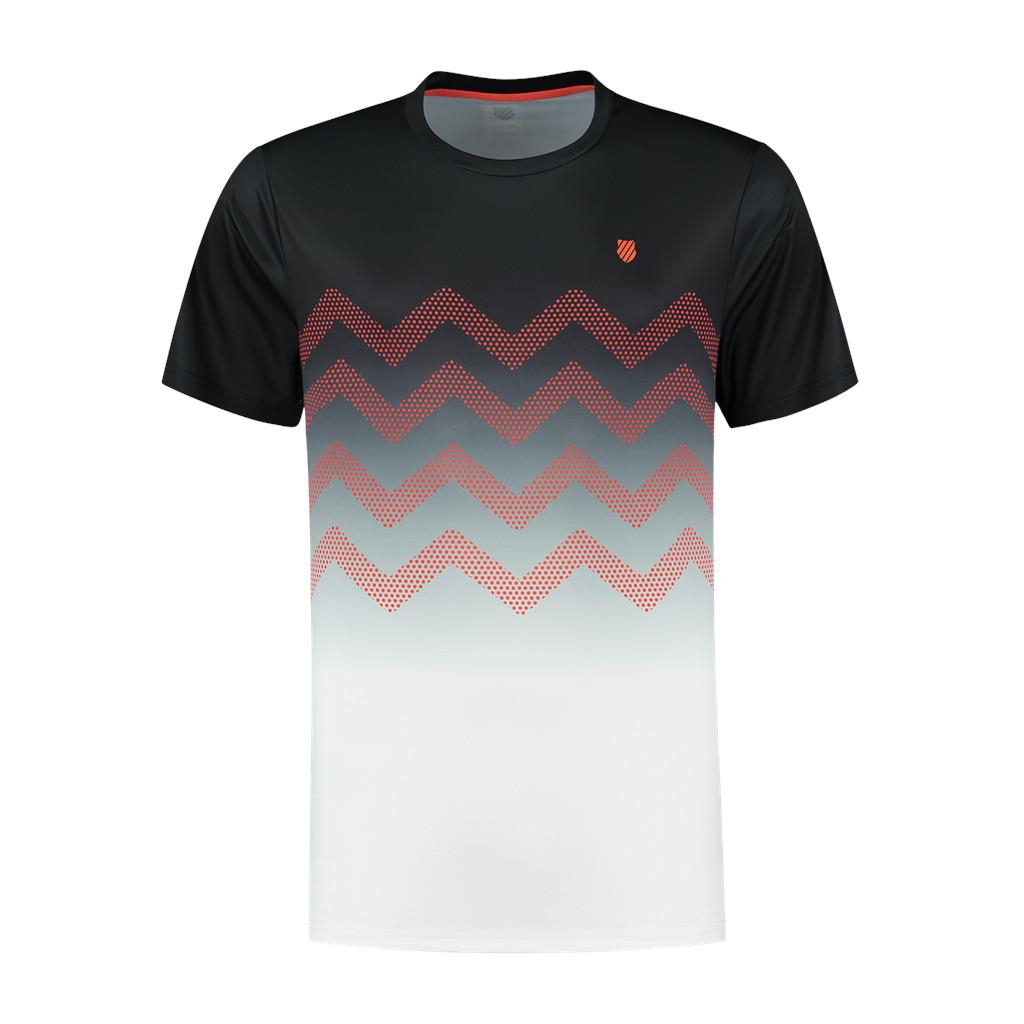 Introducing the K-Swiss Hypercourt Print Crew 2 Men's T-Shirt in Black/White, perfect for tennis enthusiasts. This short-sleeved shirt features a stylish pattern of red and black zigzag lines across the chest, complemented by a small K-Swiss emblem on the left side, with a striking design that transitions from black at the top to white at the bottom.