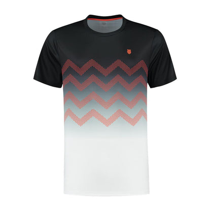 Introducing the K-Swiss Hypercourt Print Crew 2 Men's T-Shirt in Black/White, perfect for tennis enthusiasts. This short-sleeved shirt features a stylish pattern of red and black zigzag lines across the chest, complemented by a small K-Swiss emblem on the left side, with a striking design that transitions from black at the top to white at the bottom.