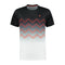 Introducing the K-Swiss Hypercourt Print Crew 2 Men's T-Shirt in Black/White, perfect for tennis enthusiasts. This short-sleeved shirt features a stylish pattern of red and black zigzag lines across the chest, complemented by a small K-Swiss emblem on the left side, with a striking design that transitions from black at the top to white at the bottom.