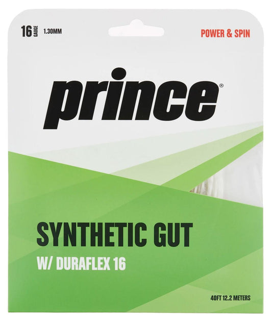 The packaging of the Prince Synthetic Gut Duraflex White String Set highlights features such as "Spin & Power" and "Durability." This 40-foot (12.2-meter) set of 16-gauge, 1.30mm thick synthetic gut strings from Prince is crafted for players aiming to enhance their performance on the court.