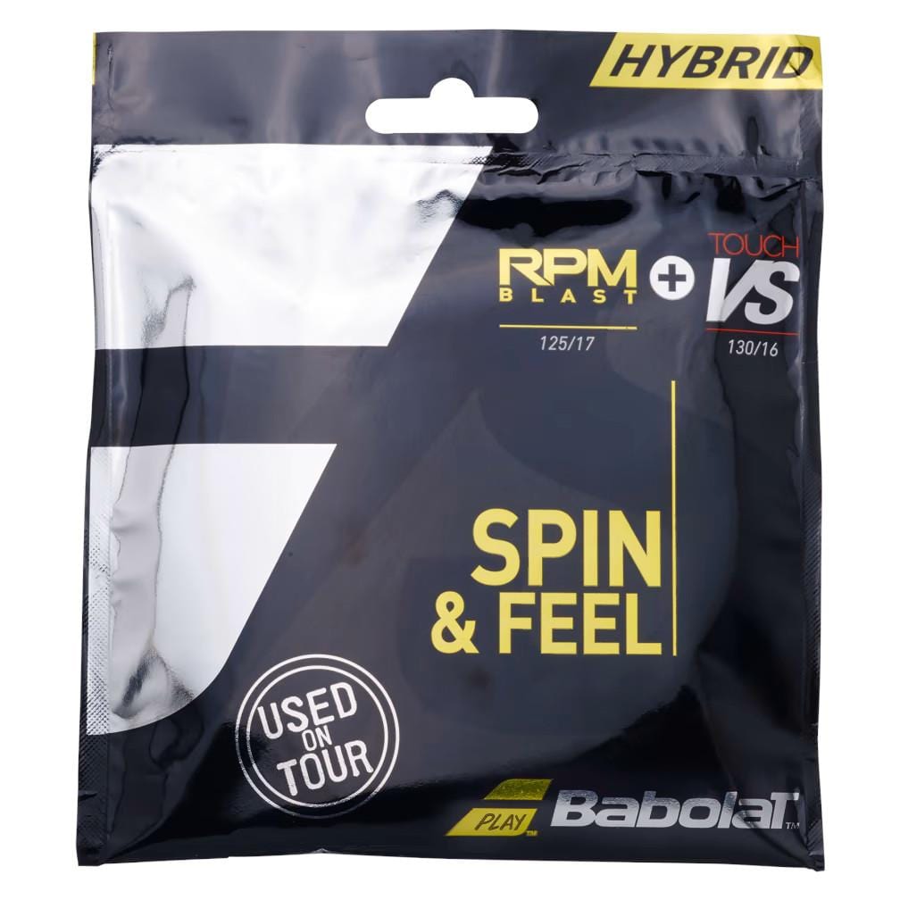 The Babolat Hybrid RPM Blast 125 + Touch VS 130 Tennis String Set in Black focuses on "Spin & Feel" and proudly features the "Used on Tour" label. The stylish packaging primarily showcases silver and black colors with yellow and white accents, making it an exceptional choice for dedicated players in search of top-notch quality.