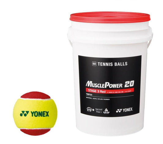 A large white bucket with a red lid, labeled "Yonex TB-TMP20 Stage 3 Training Tennis Ball Bucket - 60 Balls," stands beside a Yonex tennis ball in red and yellow. The bucket indicates it contains 60 balls, perfect for practice sessions, with logos at the bottom.