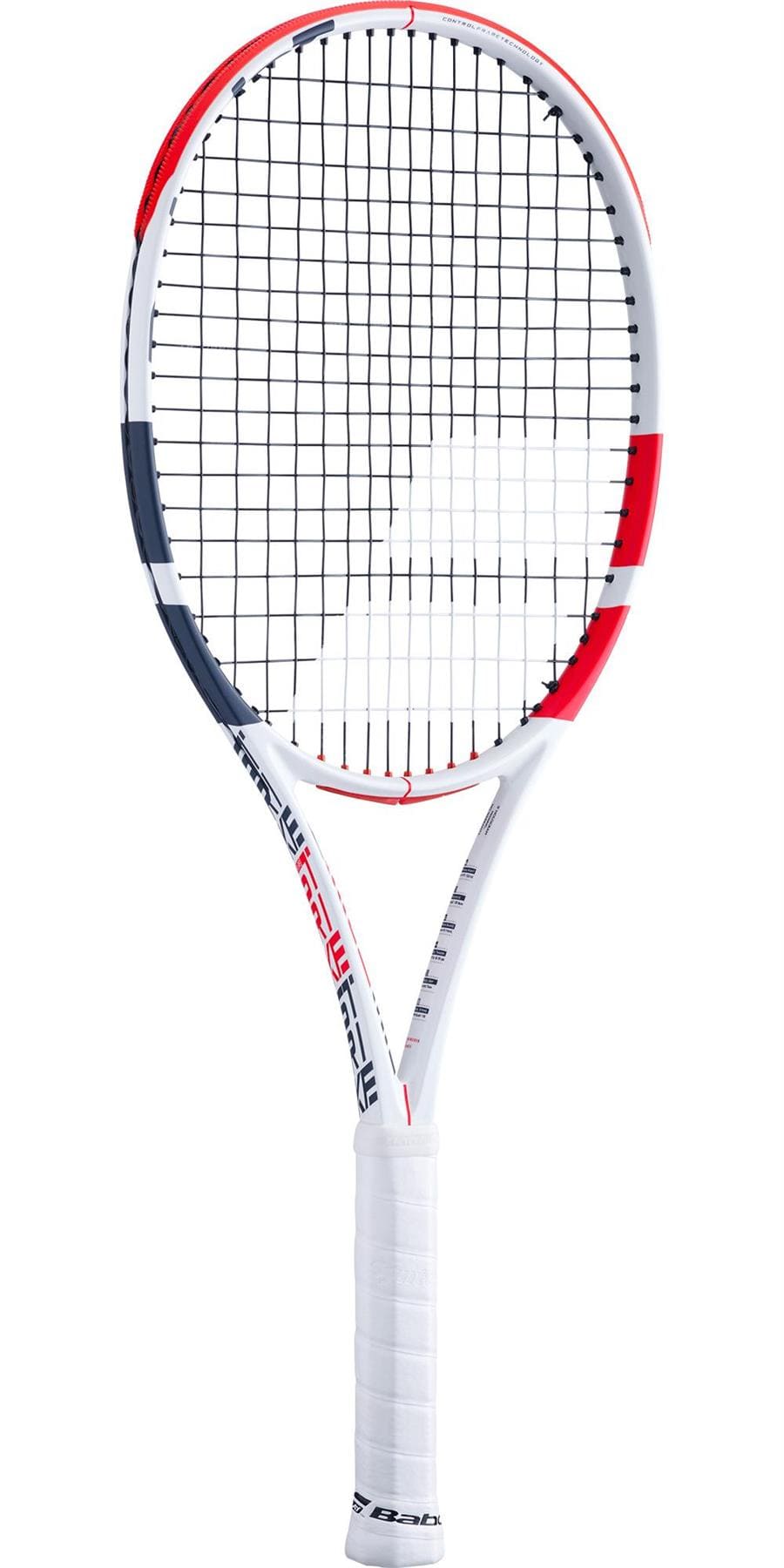 The Babolat Pure Strike 103 Tennis Racket, in a striking white, red, and black color scheme, incorporates Control Frame Technology for precise performance on the court. Its design includes a comfortable white grip tape on the handle to enhance your gameplay experience.