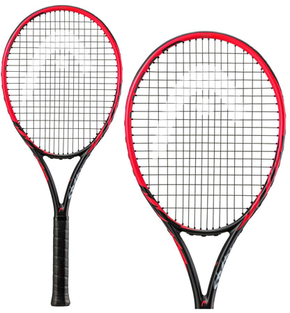 A pair of HEAD MX Spark Tour Tennis rackets in red is showcased against a plain white background. One racket presents a complete view, while the other focuses closely on the head to highlight the METALLIX™ strings and ARCORE Technology featured in its frame design.