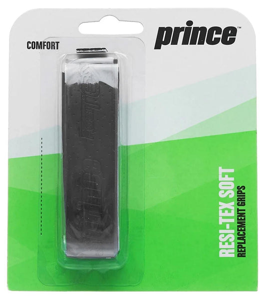 The packaging for the Prince ResiTex Soft Replacement Tennis Grip - Black from Prince features a black cushioned comfort grip, prominently displaying the word "COMFORT" in the top left corner. Its striking green and white design guarantees style and performance for your racket.