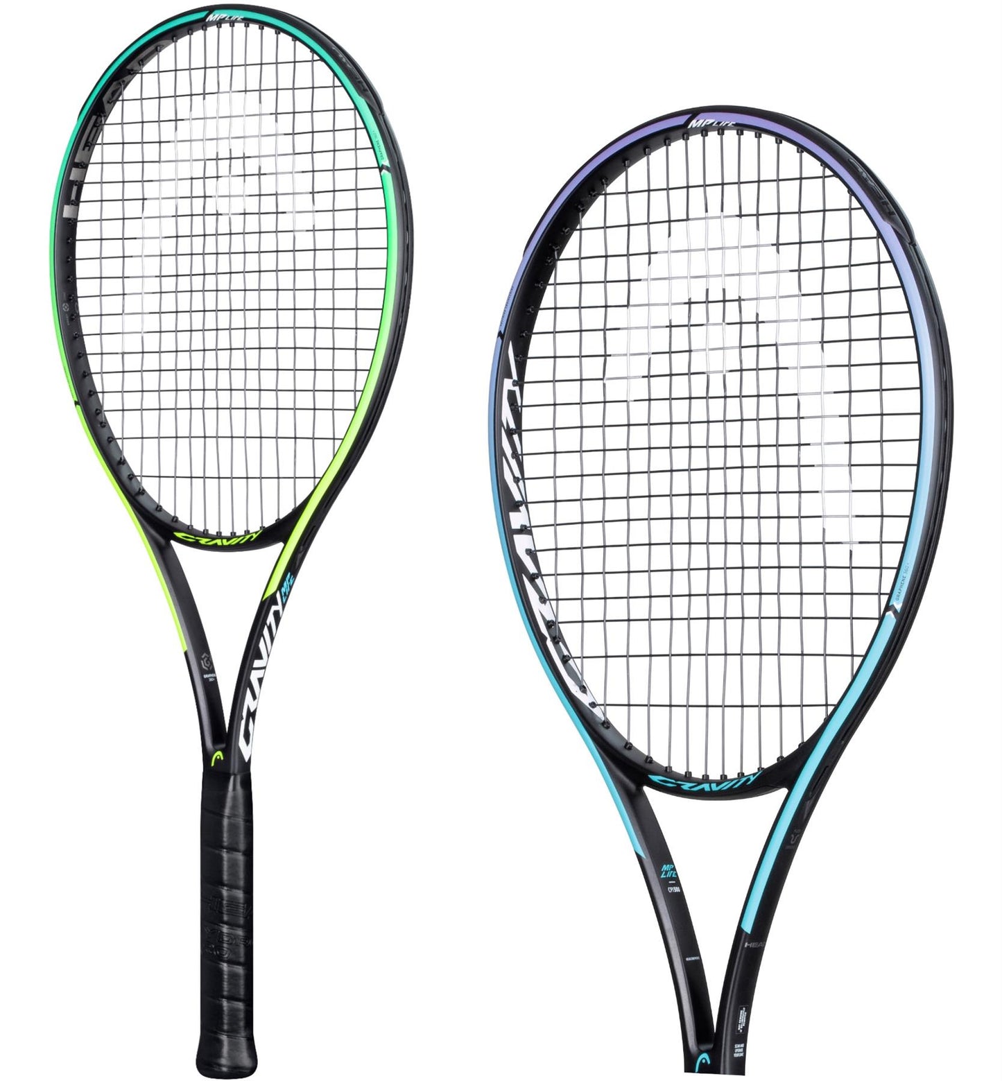 Two tennis rackets lie side by side on a white background. The left, a HEAD Gravity MP L 2021 Tennis Racket, features a black frame with yellow accents, while the right displays Graphene 360+ technology with blue details. Both sport tightly strung strings and black grips for optimal Sweet Zone performance.