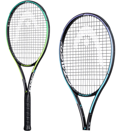 Two tennis rackets lie side by side on a white background. The left, a HEAD Gravity MP L 2021 Tennis Racket, features a black frame with yellow accents, while the right displays Graphene 360+ technology with blue details. Both sport tightly strung strings and black grips for optimal Sweet Zone performance.