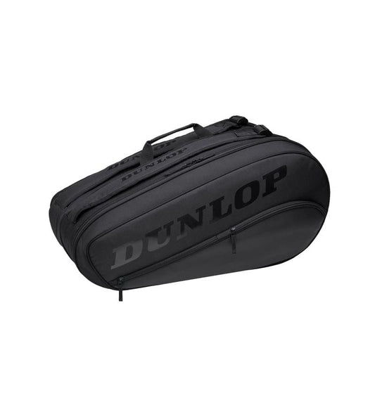 The Dunlop Team 8 Racket Thermo Tennis Bag - Black features a sophisticated rounded design with several zippered compartments and convenient top handles. It prominently showcases the Dunlop branding and offers temperature regulation to ensure your equipment stays in optimal condition.