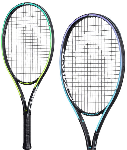 Two HEAD Gravity Junior 2021 25 tennis rackets are placed side by side, each boasting a sleek black frame with vibrant details. One is adorned with light green accents while the other features light blue. Incorporating Graphene 360+ technology and drawing inspiration from Alexander Zverev's endorsement, these HEAD rackets ensure outstanding performance on the court.