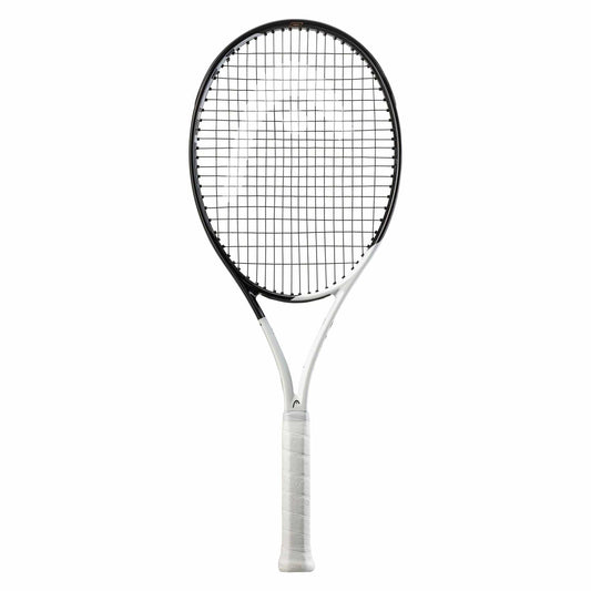 The HEAD Speed Pro 2022 Tennis Racket - White / Black (Frame Only) showcases a sleek, modern design with its black and white frame and tightly woven string pattern. It features an Auxetic structure reinforced with Graphene, delivering exceptional performance across different surfaces, along with a comfortable white grip handle.