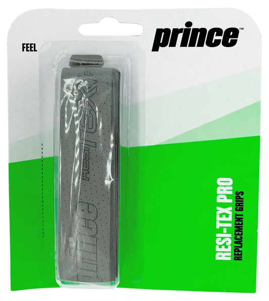 The Prince ResiTex Pro Replacement Tennis Grip - Grey is packaged in a green and white blister pack, showcasing a textured grey design for improved feel and superior moisture absorption. "FEEL" is printed on the top left, with "PRINCE" and "RESI-TEX PRO" clearly highlighted.